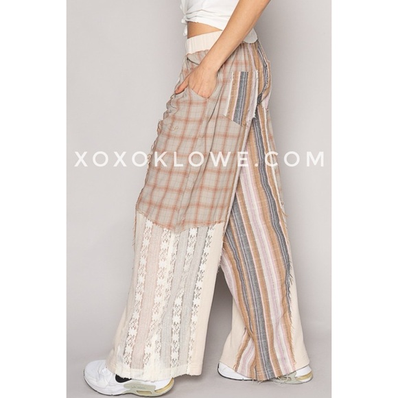 POL Cream Tan Plaid + Stripes Lace Leg Drawstring Pants - Picture 6 of 15